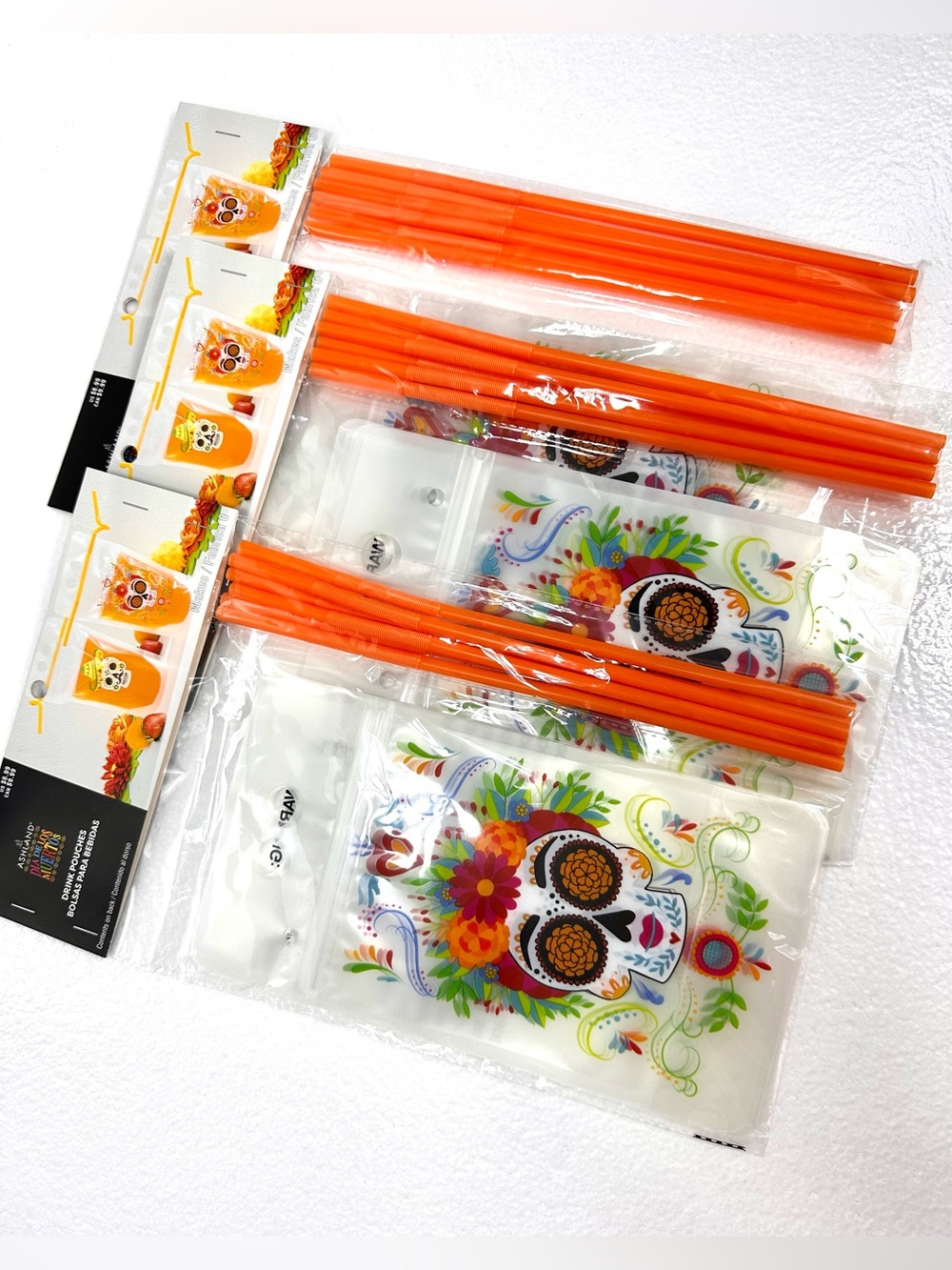 Ashland Dia de los Muertos Sugar Skull reusable drink pouches with straws 18 NIP